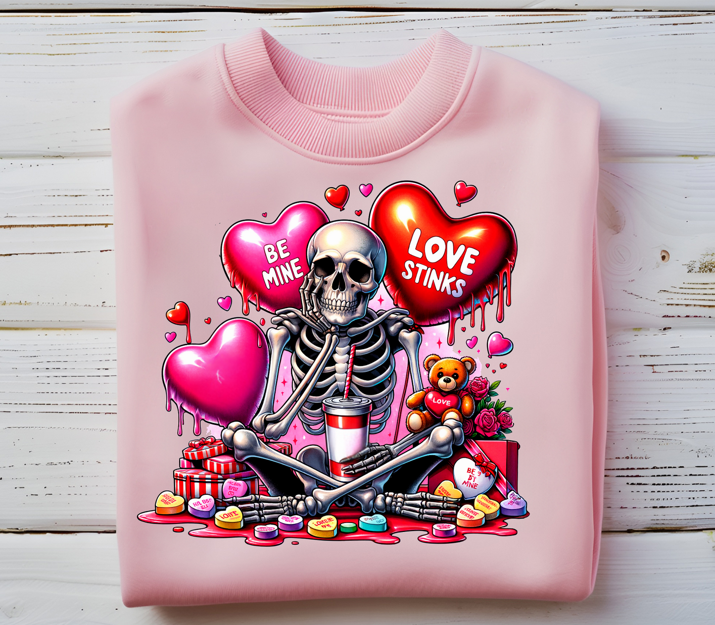 Love Stinks Crew neck Sweatshirt-Embrace the Anti Valentines Day Vibes (skeleton design)